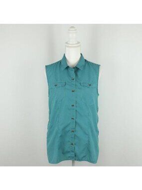 Eddie Bauer Women's Medium Blue Green Micro Plaid Button Up Collared Tank Top